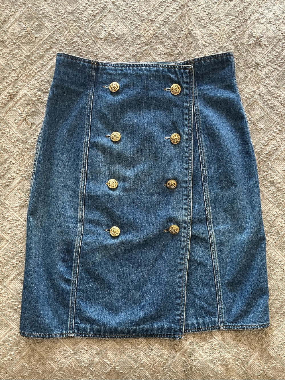 Vintage Perry Ellis Denim Wrap Skirt Gold Military Buttons Size 12